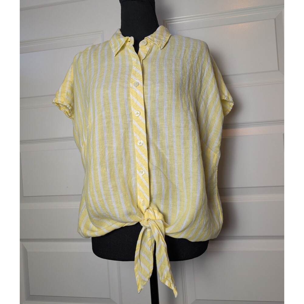 Talbots Size L Petite Blouse 100% Linen Front Tie Waist Yellow Striped Coastal - Picture 2 of 9